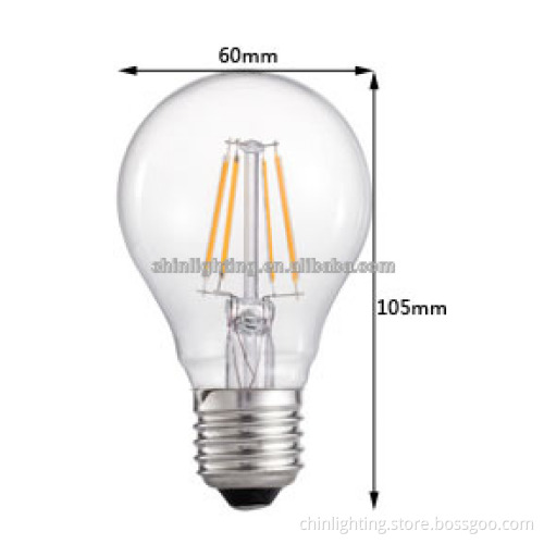 Factory direct sale epistar chips 30000 long lifespan A60 E27 LED bulb filament light
